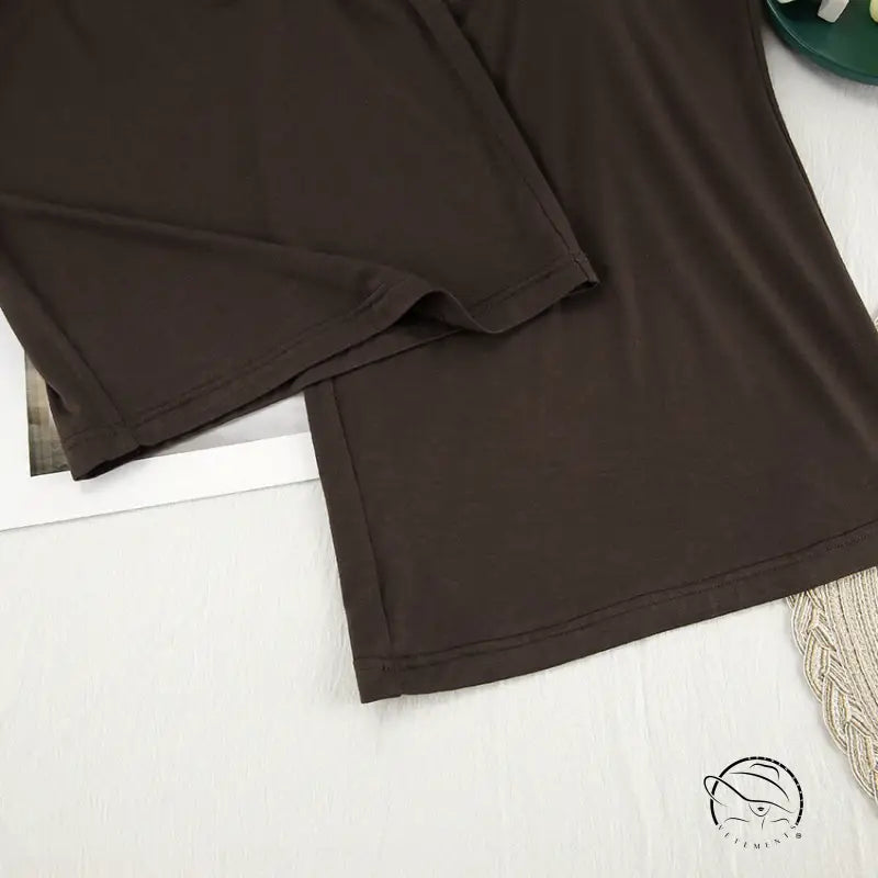 Dark brown long-sleeved round neck knitted pajama top for women fashion