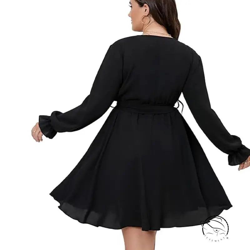 Plus size black wrap winter office midi dress with ruffled sleeves