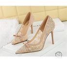 Cocktail High Heel Women Shoes Bow Sequined Lace Mesh Pointed Shallow Mouth Stiletto