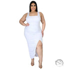 White slim fit ruched midi dress with fold split