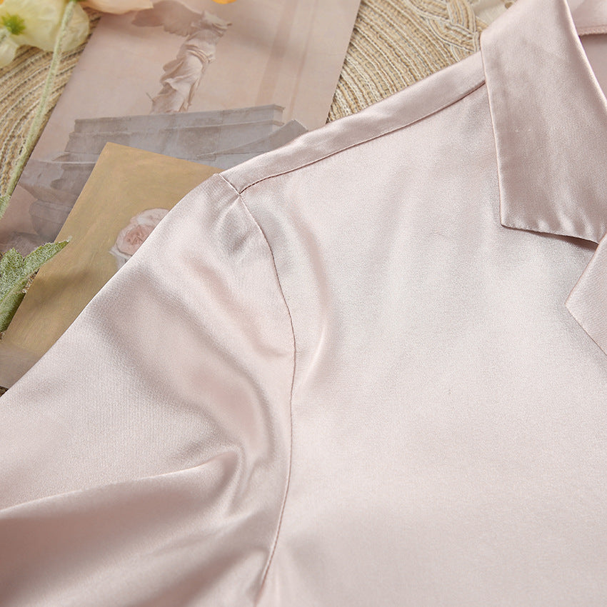 Light pink satin collared shirt from Winter Skin-Friendly Pajamas Set for elegant sleepwear
