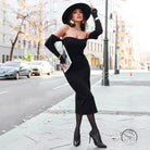 Elegant black off-the-shoulder langry fashion knitted dress