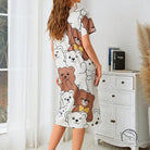 White nightdress with cartoon brown and white bears for pajamas dress home wear