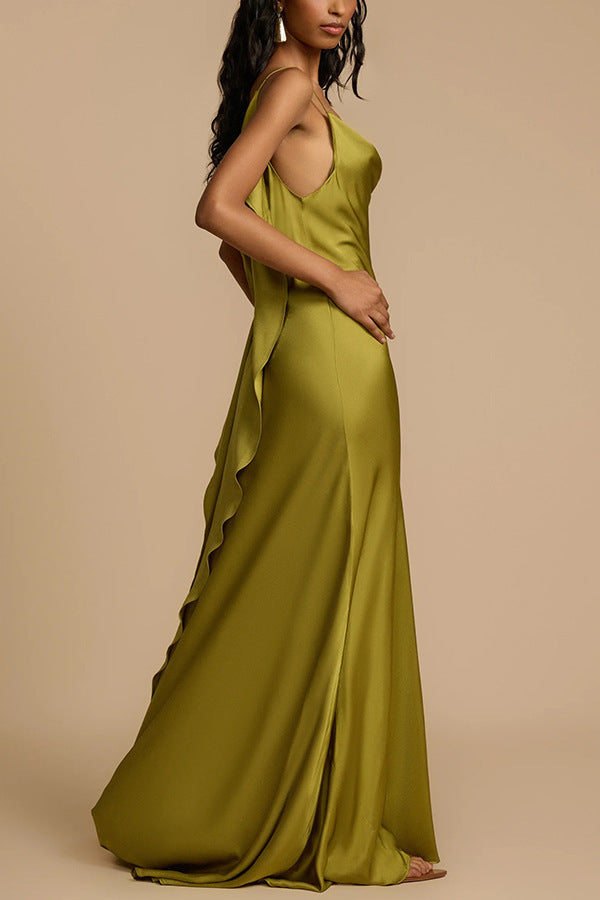 Olive green satin dress showcasing elegance in contemporary fashion and comfort