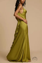 Stunning loose satin dress in olive green gown