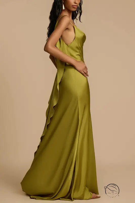 Stunning loose satin dress in olive green gown