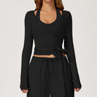 Black Langry cropped yoga top with cutout and tie waistband