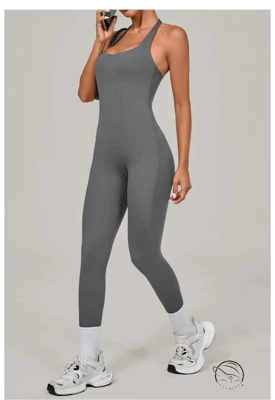Gray langry fashion halter yoga jumpsuit with racerback and leggings