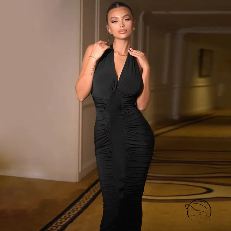Sleek black halter langry fashion dress with ruched detailing