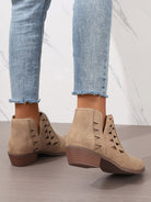 Beige suede Daily Ankle Boots featuring side cutout details and low stacked heels