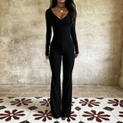 Black Langry fashion jumpsuit with deep V-neck and flared legs
