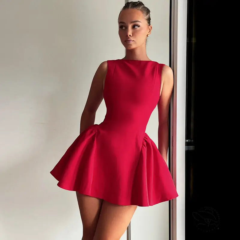 Sleeveless red fit-and-flare langry fashion mini dress with pleated skirt