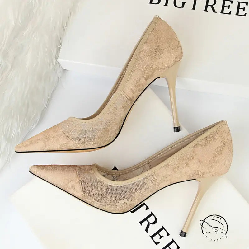 Elegant beige lace stiletto pumps in Langry fashion style