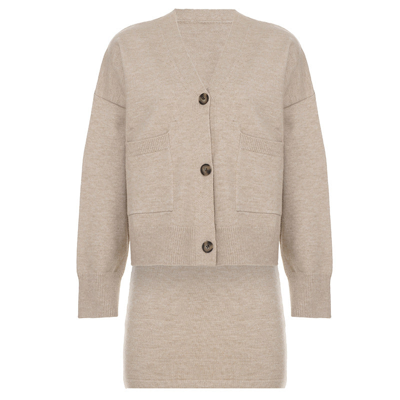 Beige Langry fashion cardigan sweater with pockets and ribbed details