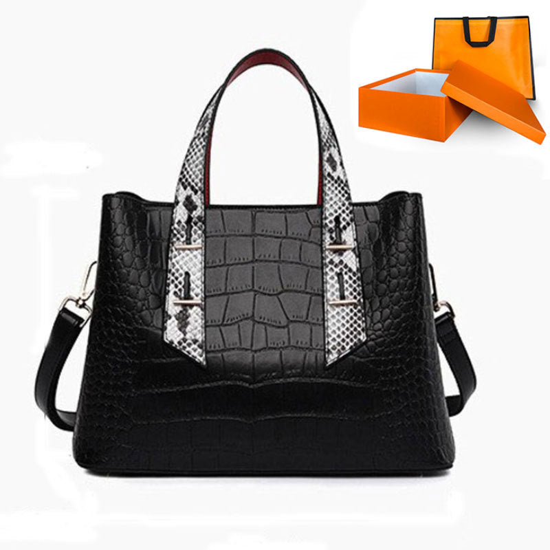 Langry high-grade soft leather handbag with black crocodile pattern and snakeskin accents