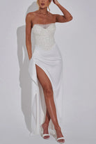 Elegant white strapless split dress with thigh-high slit for casual party fashion