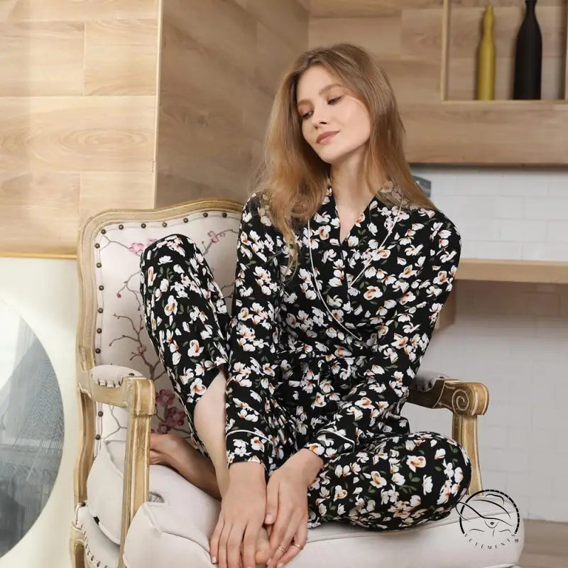 Winter Plant Print Long Sleeved HomeWear Two Piece in langry fashion ملابس