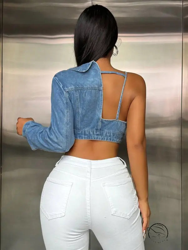 Popular Strap Matching Long Sleeve Denim Top