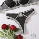 Black and silver glittery thong with love ring buckle mesh details in bra set
