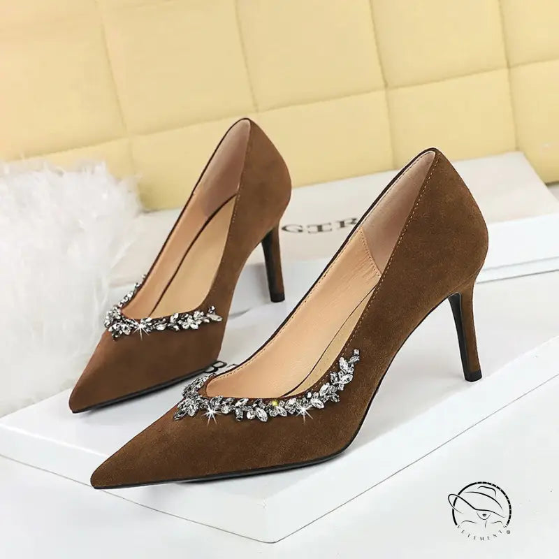Elegant brown suede Rhinestone Cocktail Stiletto Heel in langry fashion