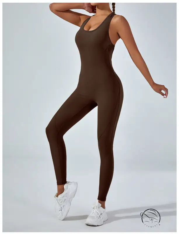 Sleek langry brown yoga one-piece jumpsuit in stretchy fashion ملابس