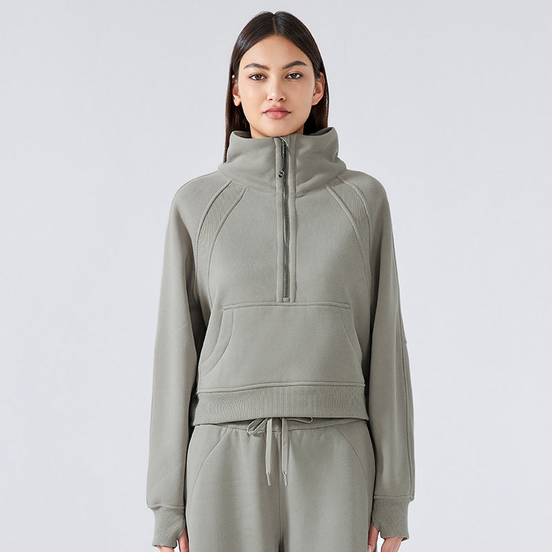 Gray Half-Zip Sweatshirt and Sweatpants Set for Women in Autumn Winter Fashion ملابس