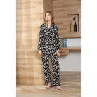 Langry fashion black pajama set with white pink floral print, long sleeves pants