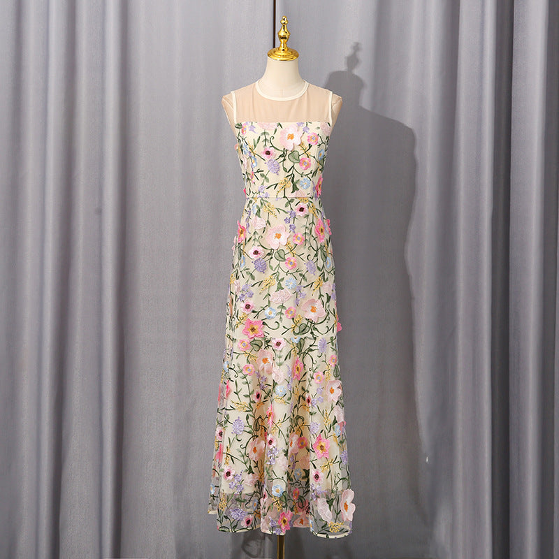 Elegant Langry fashion fishtail hem mesh dress with floral embroidery