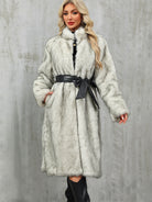 Long faux fur overknee thickened coat in light gray with bow belt