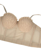 Langry fashion beige lace bra with pearl and sheer panels in mesh corset