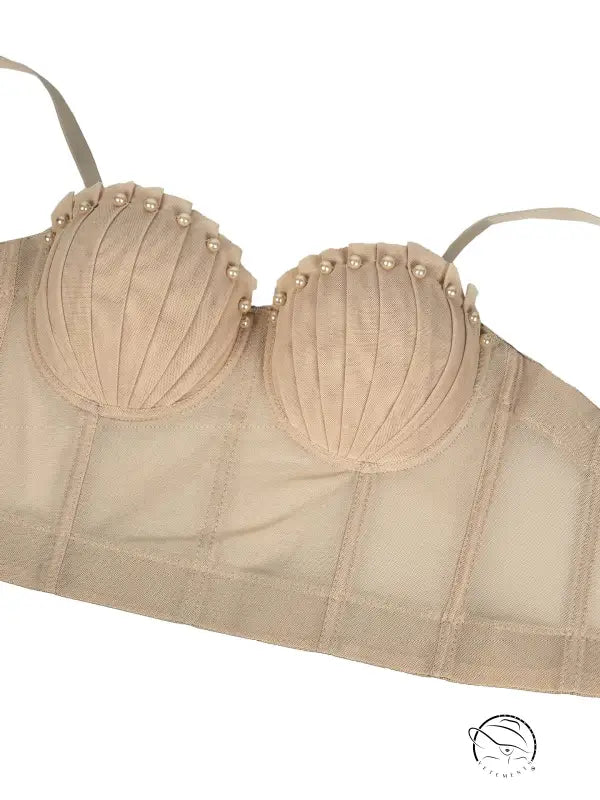 Beige lace bra with pearl embellishments in Langry fashion corset