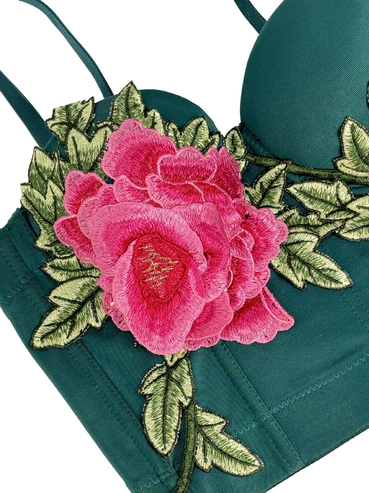 Langry embroidered floral short boning corset with green bra, pink rose, gold leaves