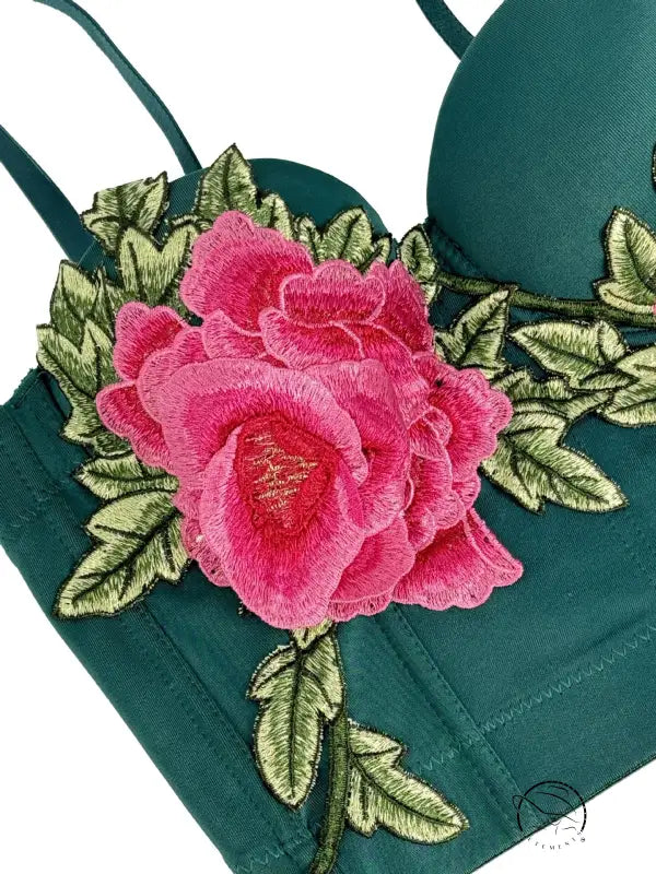 Green floral embroidered bra with pink rose and gold leaves in Langry fashion corset