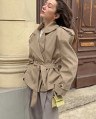 Langry fashion khaki mid-length trench coat with gold buttons and belt
