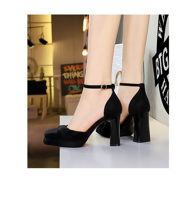 Langry fashion black velvet high-heeled shoes with ankle strap bow detail