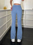 Light blue ribbed knit flared pants with high waist for stylish women fashion ملابس
