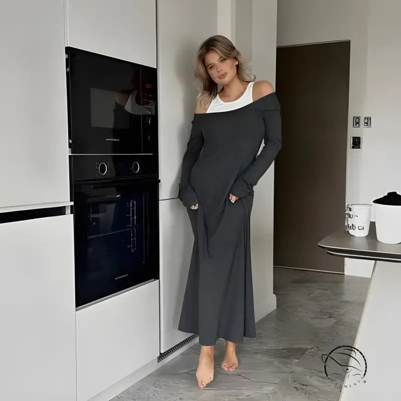 Attractive two-piece vest dress in long charcoal gray with white tank, side pockets, langry fashion ملابس