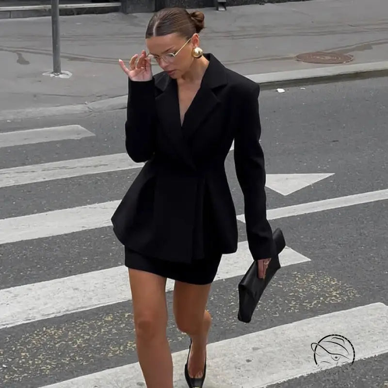 Black langry fashion blazer dress with flared skirt and structured shoulders