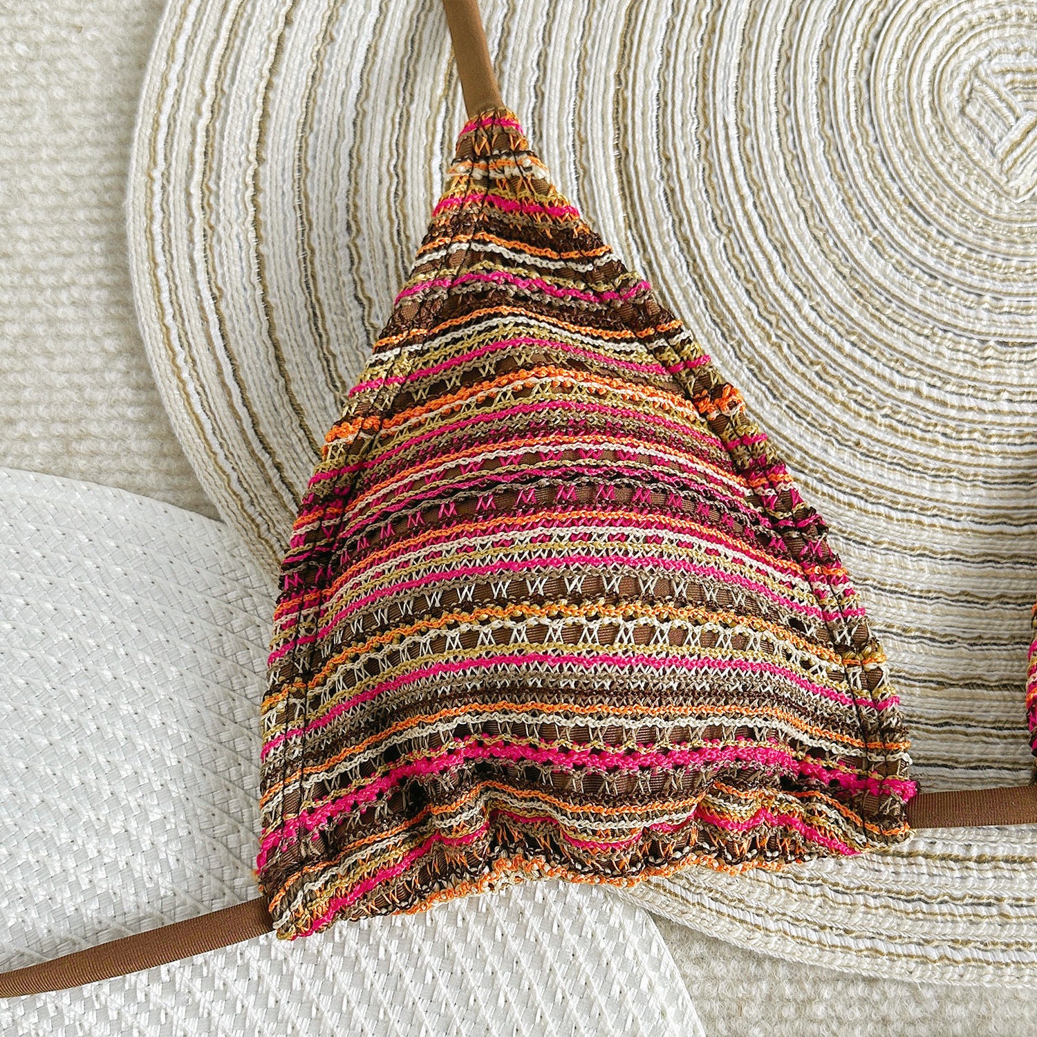 Striped, crocheted bikini top for stylish summer fashion in the Cute Halter Bikini Knitted Swimsuit