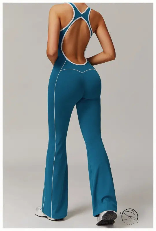 Blue open-back yoga jumpsuit in hip-lifting pleated Langry fashion