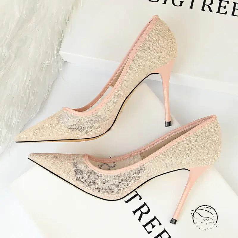Elegant langry fashion lace skinny high heels in cream blush pink