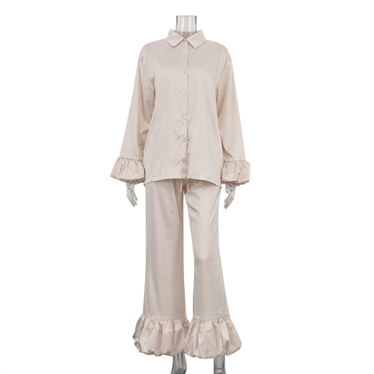 Stitching Bell Sleeve Polo Collar Top Loose Trousers Two Piece Sets