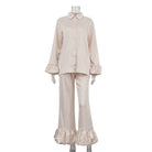 Stitching Bell Sleeve Polo Collar Top Loose Trousers Two Piece Sets