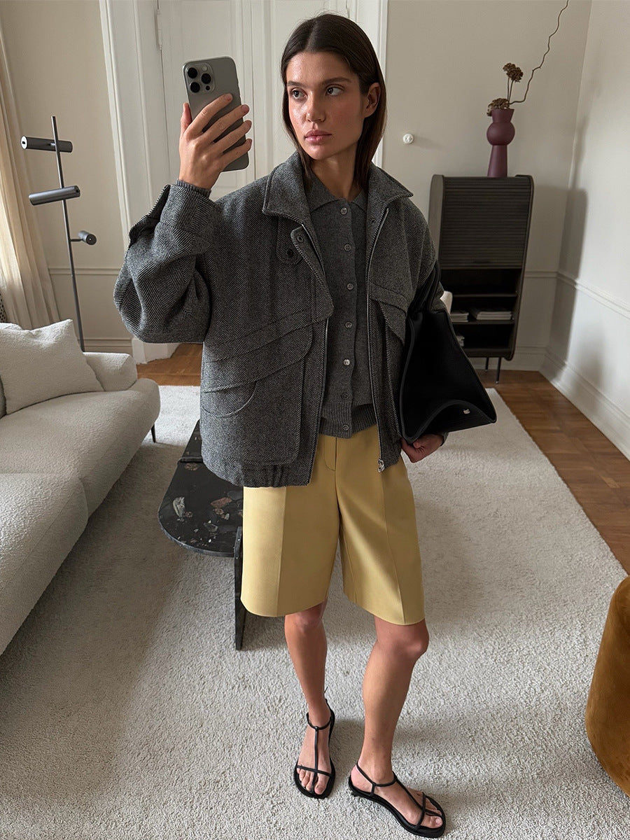 Gray oversized corduroy Langry fashion coat with black pockets, woolen design, leather sandals