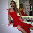Red midi dress with tie straps from the Elegant Ruffled Socialite Sling Dress collection