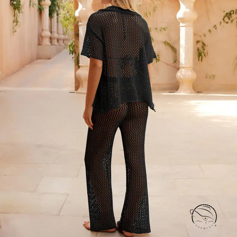 Black crochet beach loose shirt and wide-leg pants set