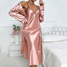 Ice silk shimmering rose gold satin nightgown set with black trim
