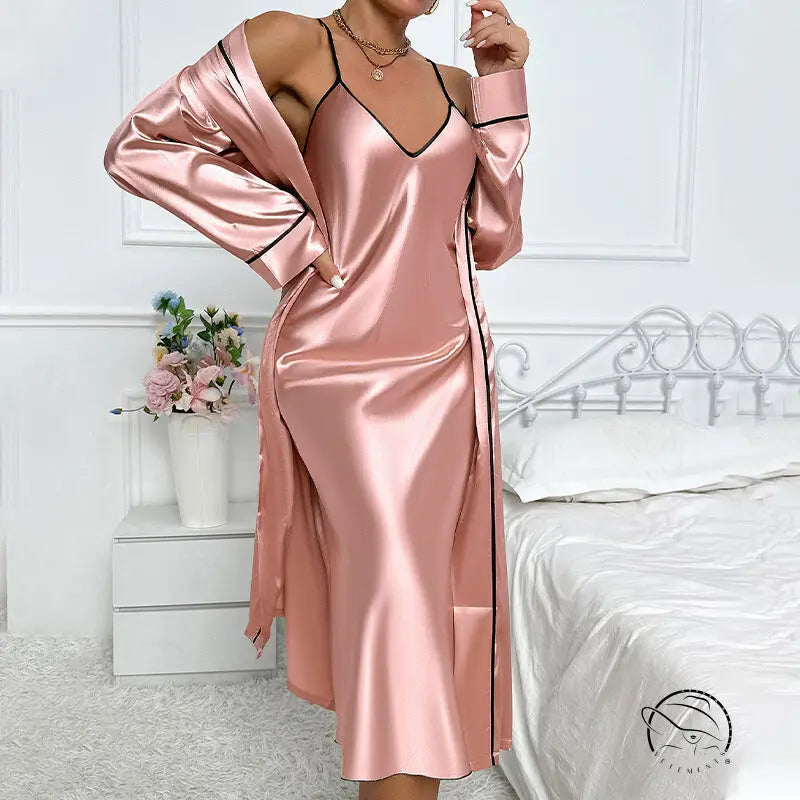 Ice silk Langry shimmering rose gold nightgown set with black trim robe