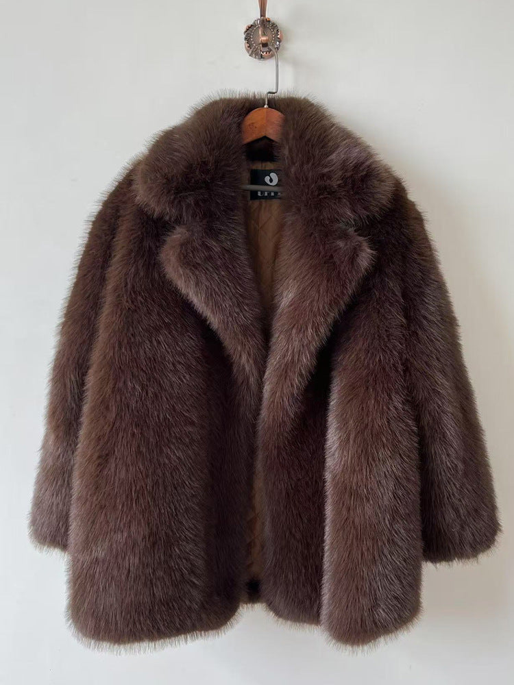Langry faux fur warm collar mid-length fox jacket in brown