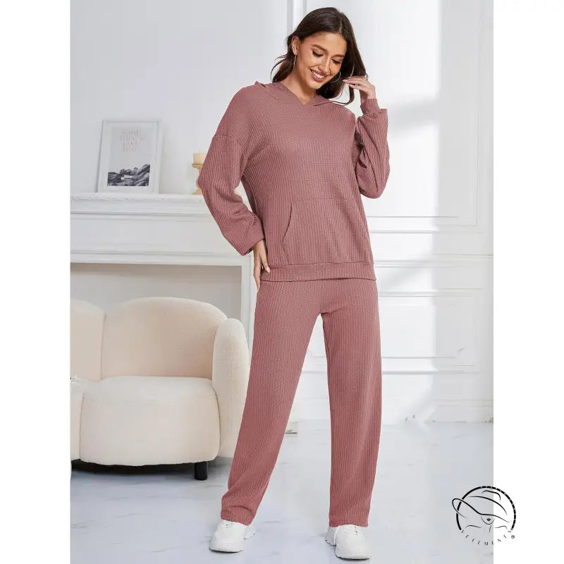 Mauve ribbed knit hooded casual suit lounge set for women